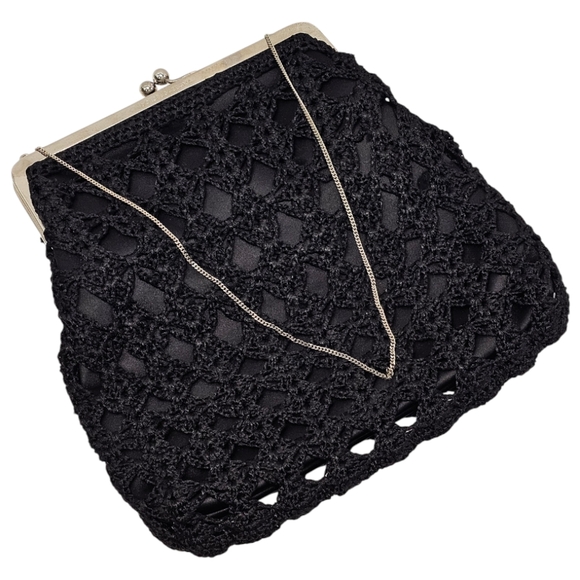 Dolce & Gabbana Grey/BlackCrochet Knit Silver Frame Satin Evening Bag